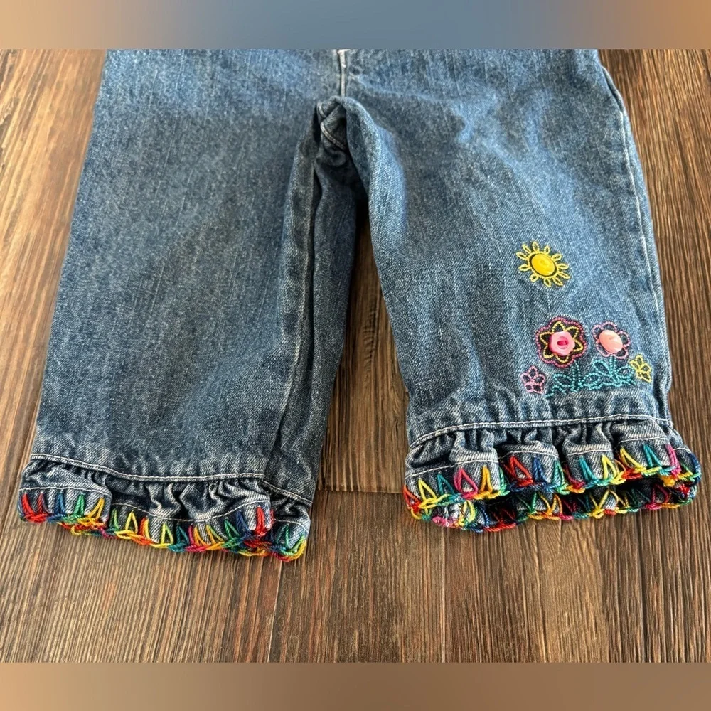 Vtg 2002 Sesame Street Jeans Size 6/9 Months Blue Rainbow Thread Hems Flowers - Picture 8 of 9
